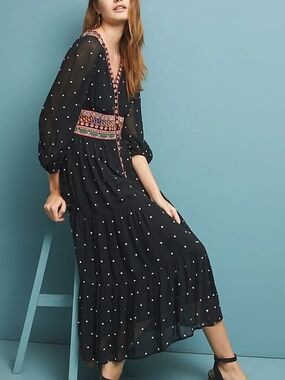Anthropologie La Boheme Embroidered Polka Dot Dress